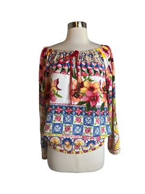 Desigual Carola Top Large Colorful Floral Artsy Bohemian Peasant Tassel Blouse