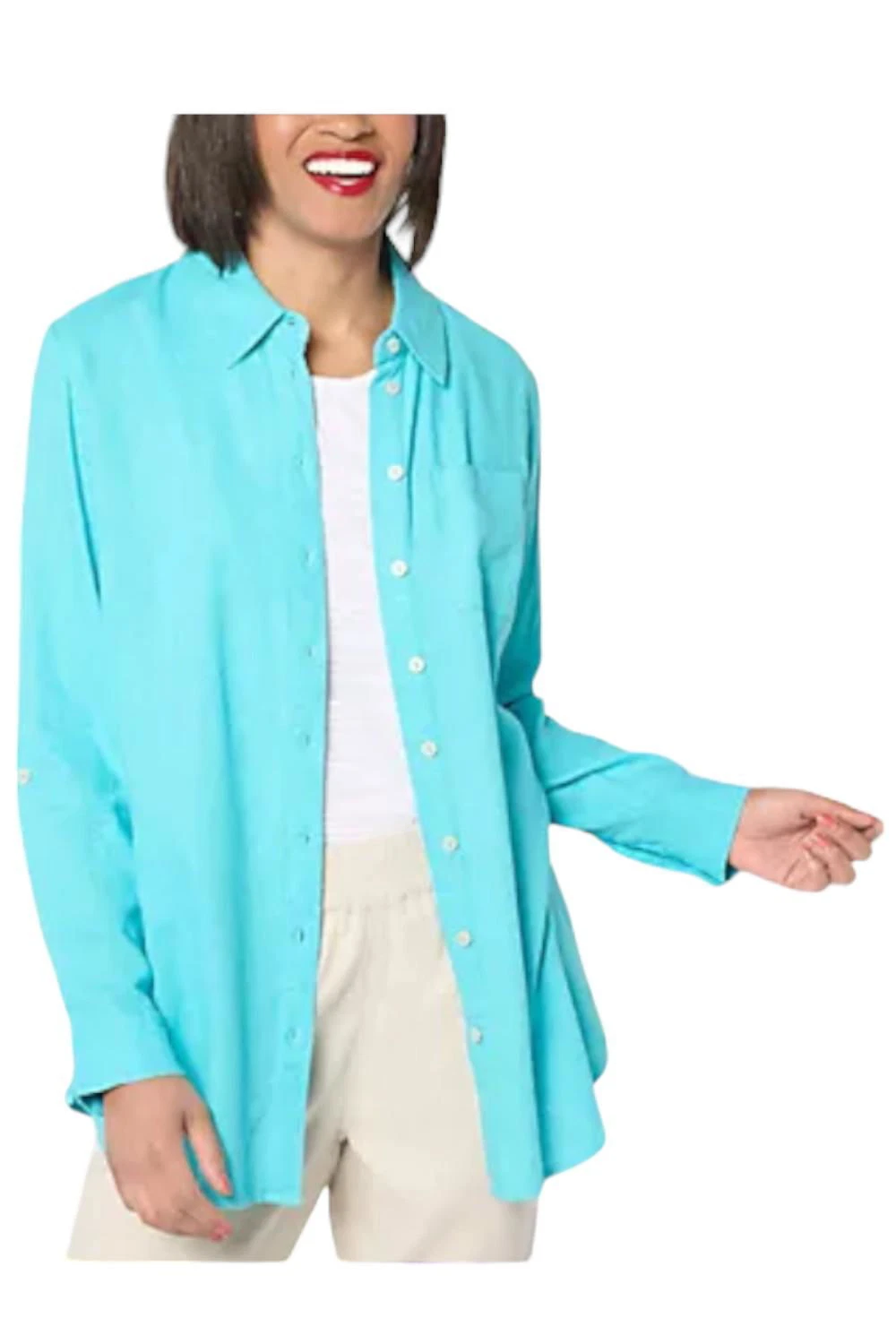 Denim & Co. Naturals Linen Blend Regular Button-Front Tunic Clear Aqua