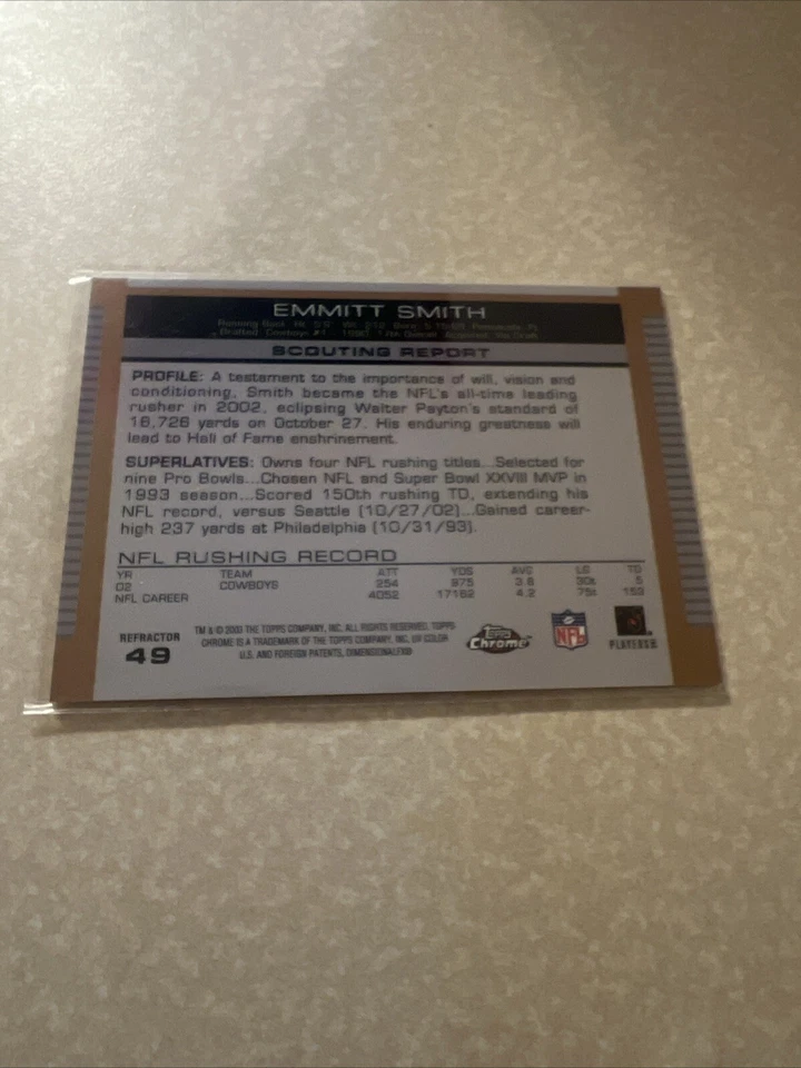 2003 Topps Chrome Emmitt Smith Gold Refractor Dallas Cowboys #49 - Image 2 of 2