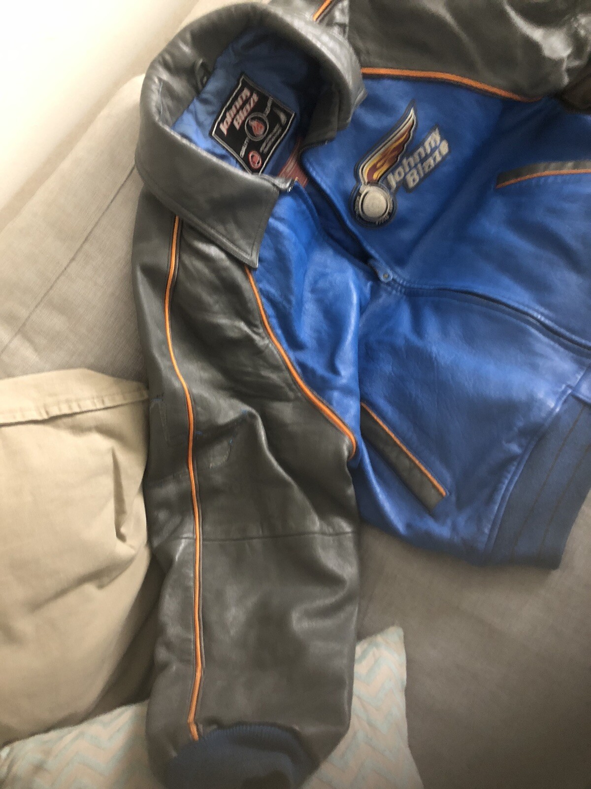 Vintage 90s Johnny Blaze Performance Leather Bomber Blue Gray Hip Hop Rare. XL image 4