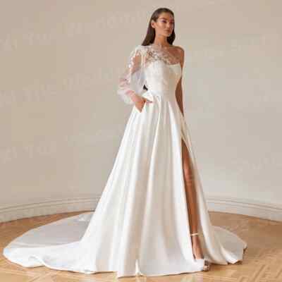 Sexy A Line Wedding Dress One Shoulder Bride Gowns Backless Appliques Lace Split