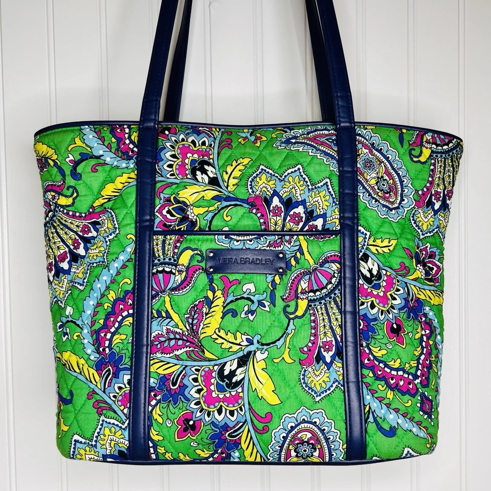 Vera Bradley Large Pleated Tote Shoulder Bag Purse Trimmed Emerald Green Paisley