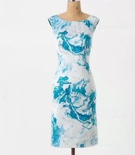 Anthropologie Maeve Blue Marbled Waters Silk Blend Shift Dress 4 Cocktail Party