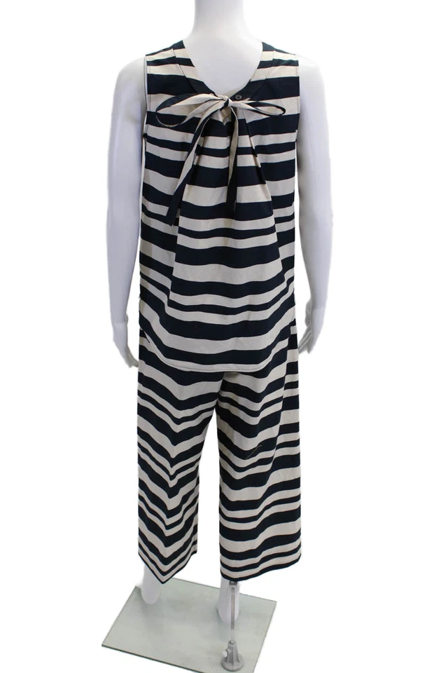 S Max Mara женщин декольте в полоску Топ брюки комплект белый темно-синий хлопок размер 6 8 - Изображение 3 из 4