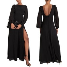 NWOT Lulus Prestigious Poise Black Long Sleeve Chiffon Maxi Gown Dress