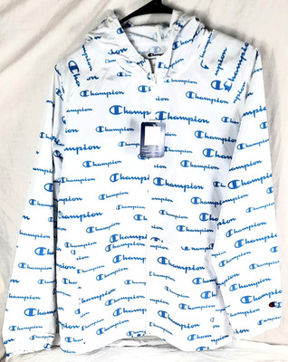 Champion Mens Windbreaker Jacket Size XL White Blue Hooded Front Zip NEW 