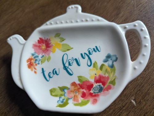 Sweeter Than Tea , Teapot Shape Ceramic Tea Bag Holder Rose Trinket ring dish