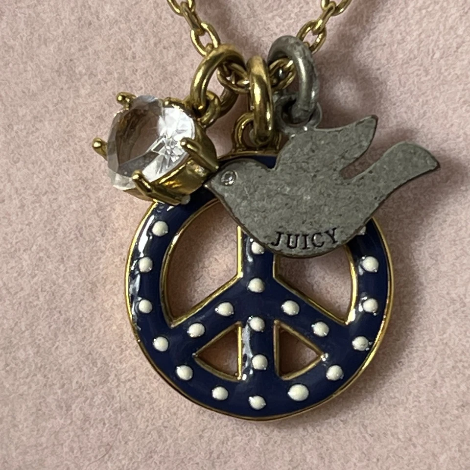 VTG Juicy Couture Y2K Safety Pin Peace Sign Necklace Dove Crystal Charms W/ Box - Image 2 of 4