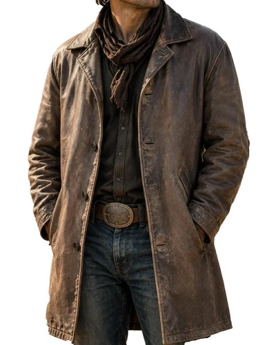 Mens Winchester Distressed Brown Leather Trench Coat Vintage 3/4 Length Jacket - product listing photo