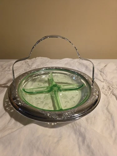Uranium Green Depression Glass Divided Plate With Silver Colored Rim And Handle