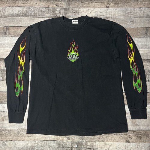 Lee, Troy Lee Designs Shirt Size XL Black Vintage Long Sleeve Green Flames Fire Moto