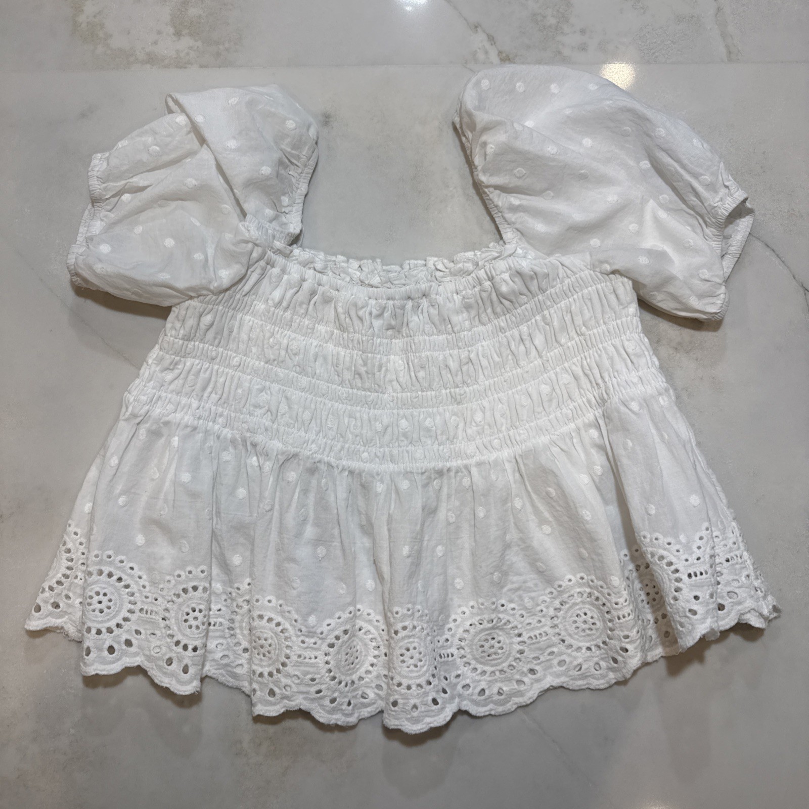 Altard State Women’s Smocked Eyelet Peplum Top White Puff Sleeve Size S