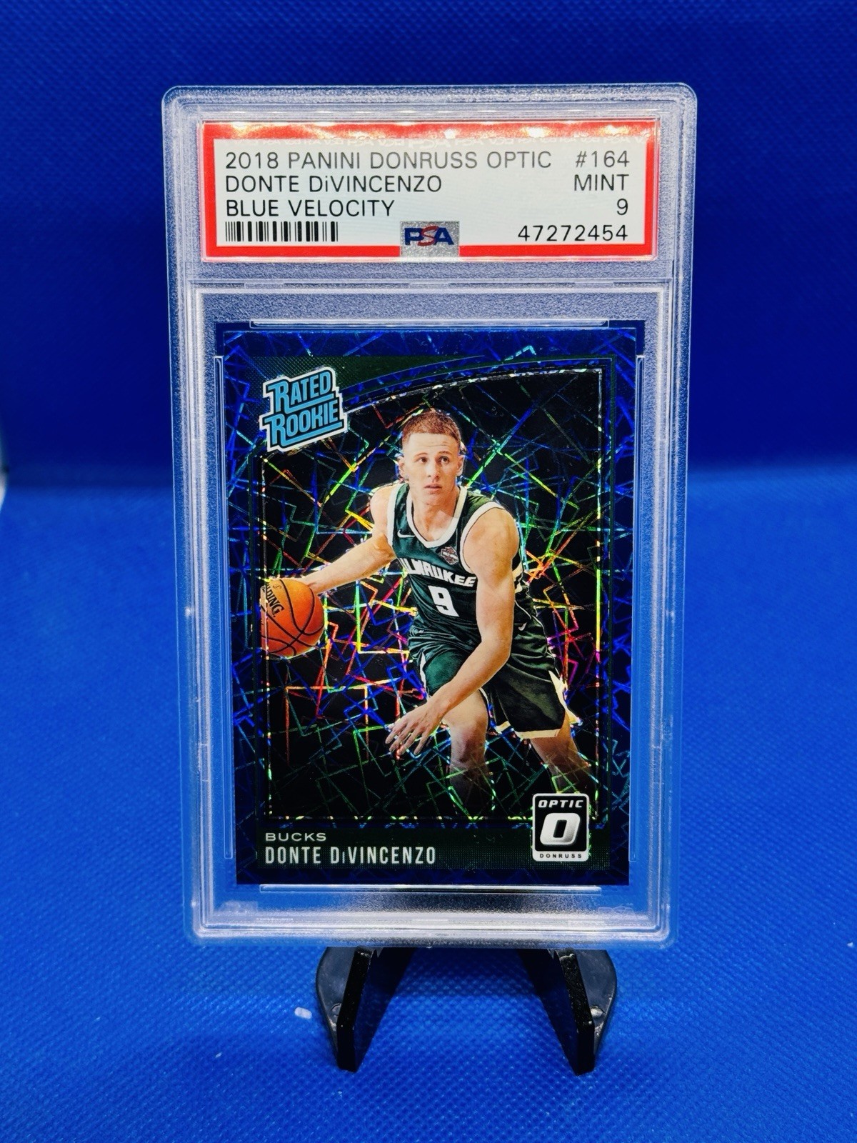 2018 Donruss Optic Rated Rookie Donte DiVincenzo #164 Blue Velocity Prizm PSA 9