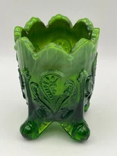 Joe St. Clair Green Slag Inverted Fan & Feather Toothpick Holder | Vintage