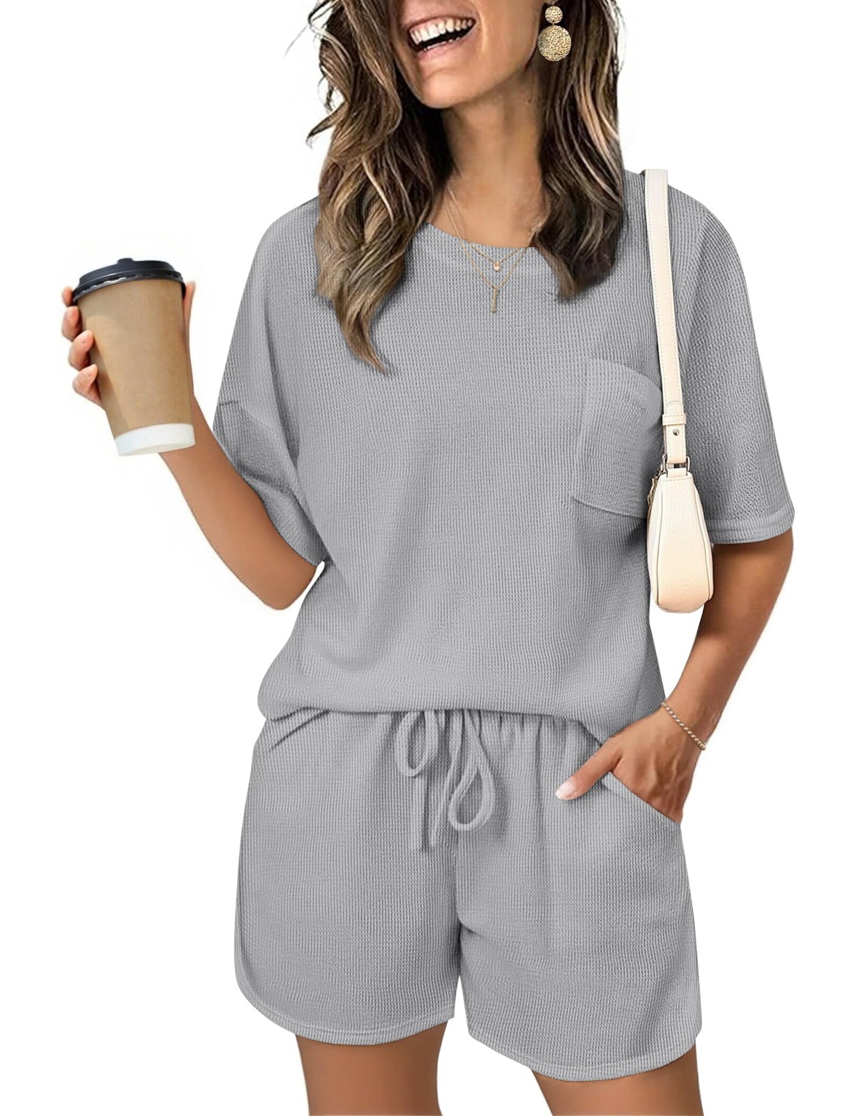 Womens Summer 2 Piece Sets Beach Vacation Outfits Crew Neck Top and Shorts Se...