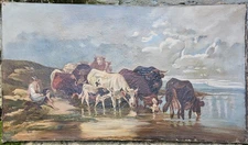 XIXe Grand Tableau Huile Toile Christian Mali Peintre Allemand Côté Vaches ART