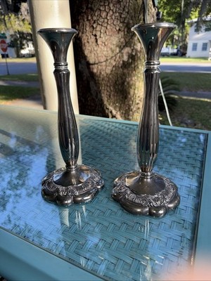 Vintage Royal Gallery 10'' Silver Plate Candlesticks Ornate Gothic Baroque Pair