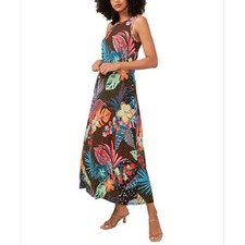 Vince Camuto Black Tropcial Floral Crewneck Sleeveless Maxi Dress Size Medium