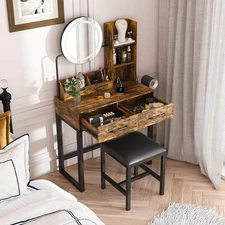 Retro Small Makeup Vanity Desk w/Large Mirror and Lights, Vanity Table Storage