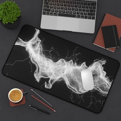 White Smoke Lightning Wave Desk Mat Black Abstract Vapor Mousepad Ships Free!