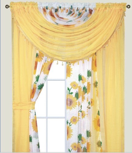 Sheer Voile Curtain Panel Set, 4 Attached Panels, Yellow Sunflower 55” x 84”