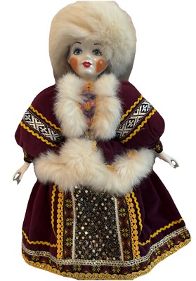 Russian Porcelain Doll Rabbit Fur Hat Red Velvet w/Sparkle Dress Black Boots 16 