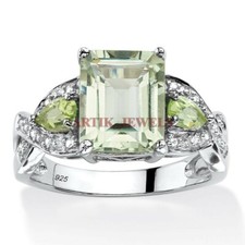 Natural Green Amethyst  Peridot Gemstone with 925 Sterling Silver Ring 3536
