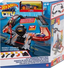 Toy Car Track Set Pack, 10 Track-Building Parts with City Square, Bridge & 1:64