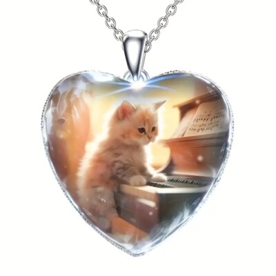 Exquisite Pet Cat Playing Piano Animal Detail Heart Pendant Necklace
