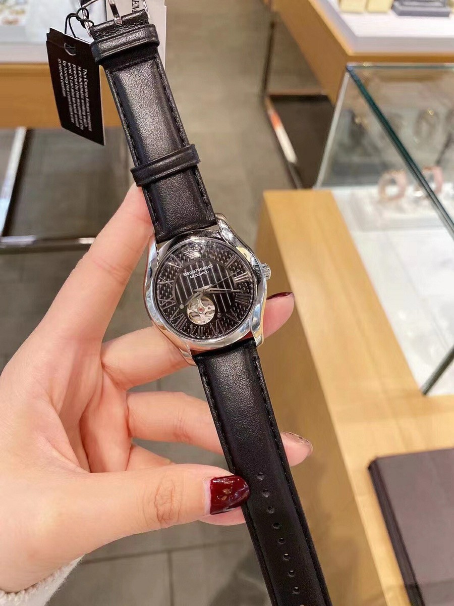 New Emporio Armani Automatic Black Dial Black Leather Men's Watch