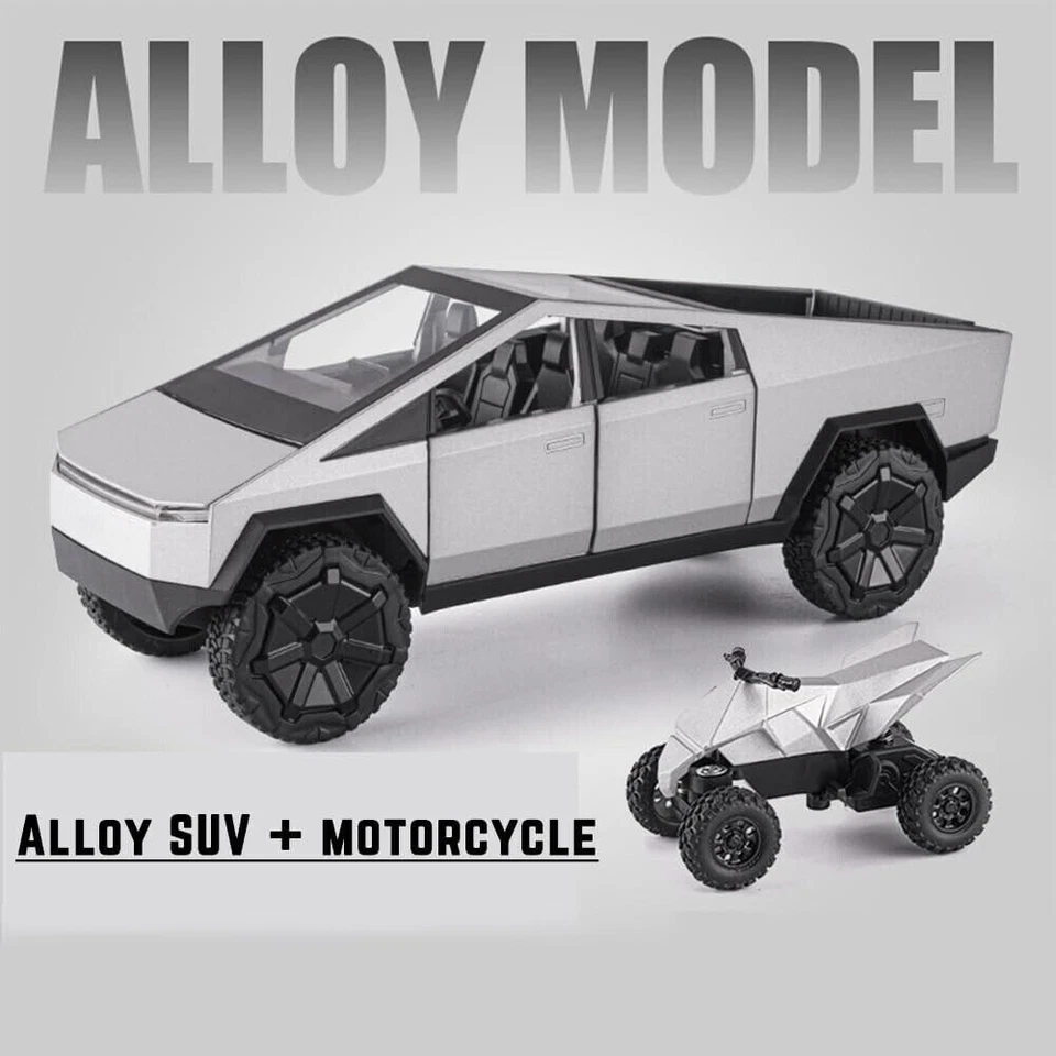 Camioneta pickup Tesla Cybertruck 1:24 modelo de coche fundido a presión de aleación con motocicleta pequeña Foto 4 de 4