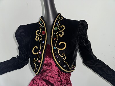 Vtg 80s Jeweled Black Velvet Dress Bolero Crop Jacket Matador Puff Sleeve  Genie