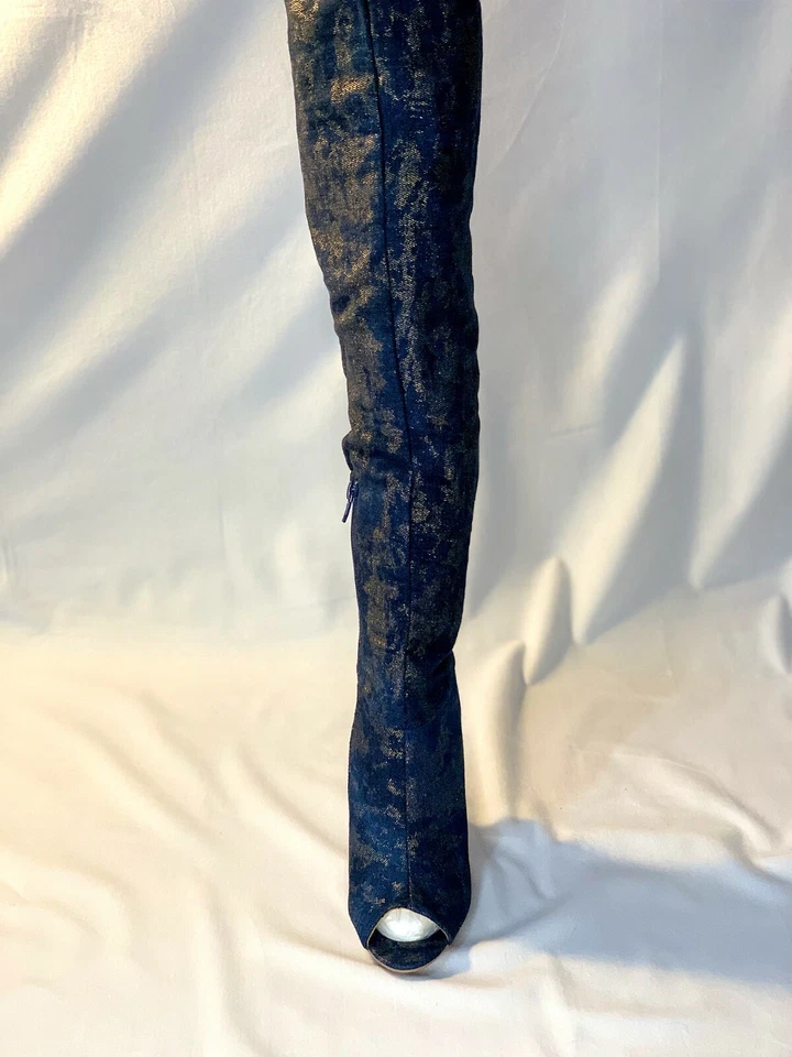 Sexy Botas hasta el muslo azules y doradas punta abierta nuevas talla 6, 6.5, 7,7.5, 8, 8.5, 9,10 Foto 2 de 3