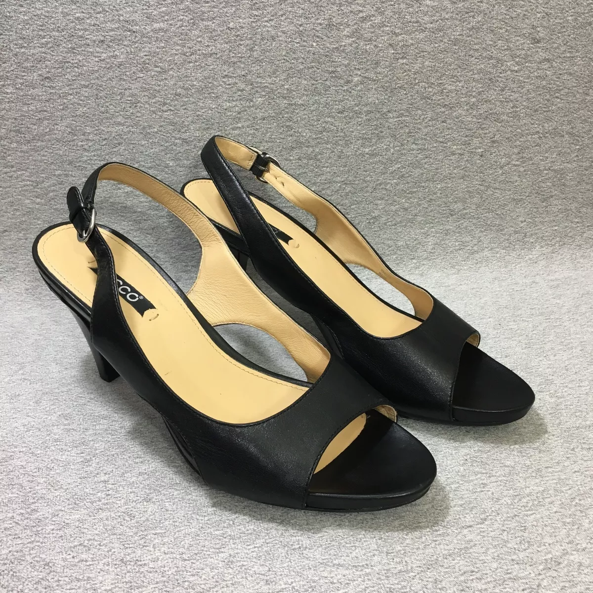 Ecco Shoes Women s Size 40 9.5 Black Slingback Soft Leather Heeled Sandals