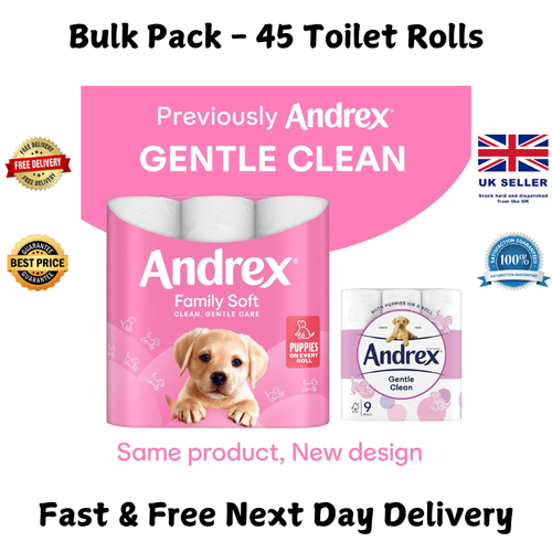 Andrex Toilet Rolls x45 Gentle Clean FragranceFree 2 Ply Toilet Paper