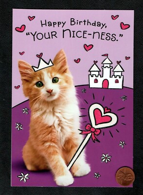 Birthday Princess Crown Cat Kitten Wand GLITTERED Greeting Card - W