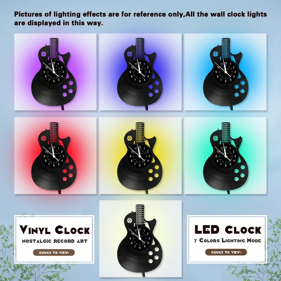 LED Guitarra Reloj de Pared Luz Nocturna Arte Instrumento Musical Vinilo Reloj Regalo para Hombres Foto 2 de 4