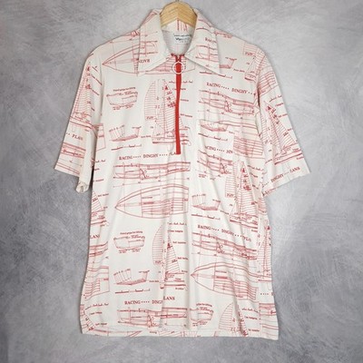 Vintage Van Heusen Vanknit Shirt Mens Medium White Nautical Sailboat 1/2 Zip 70s