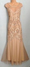 SIMPLY BE (22) Golden-Beige Bead & Sequined Stretch Gatsby Style Evening Dress