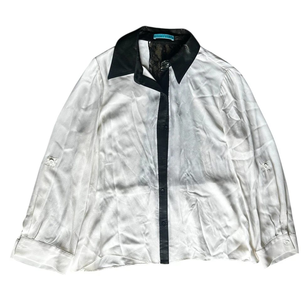 Blusa de viscosa blanca Alice + Olivia con ribete de cuero M chic clásica dinero antiguo Foto 4 de 4