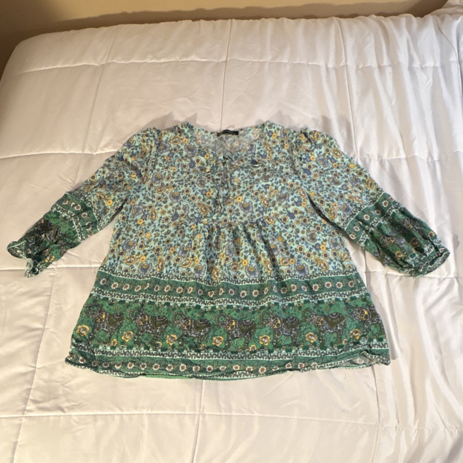 PRETTYGARDEN Green Blue Floral Ruffle Tunic Blouse 3/4 Sleeve Women’s M