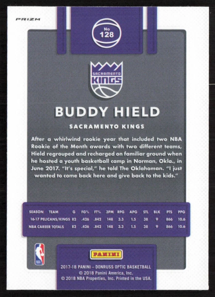 2017-18 Donruss Optic Holo Buddy Hield #128 Sacramento Kings - Image 2 of 2