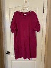 CHICO'S Puff Sleeve Dark Pink Sweatshirt Dress Size 3 (XL) Pockets Midi Casual
