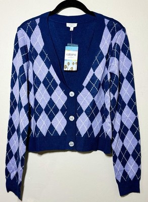 Cabana By Crown & Ivy Cropped Cardigan Sweater Women's Size L Violet Plaid NWT