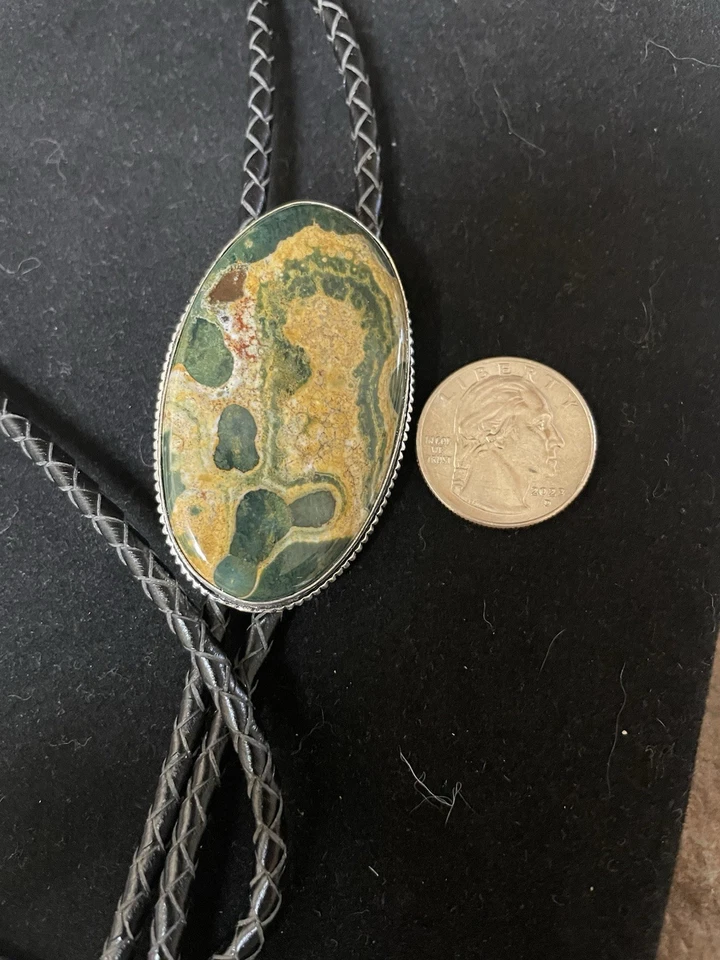 Moldura folheada a prata gravata bolo pedra jaspe oceano - Imagem 3 de 4