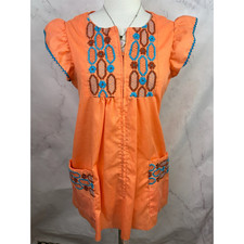 Vintage Peasant Mini Dress Orange Floral Embroidered Short M Folk Cottagecore