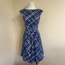 Nine West Blue White Abstract Grid Fit Flare Dress Size 6 Sleeveless Pockets