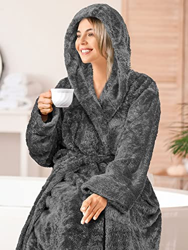 Women Hooded Plush Soft Robe | Fluffy Warm Fleece Sherpa Small-Medium Gray - Picture 6 of 8