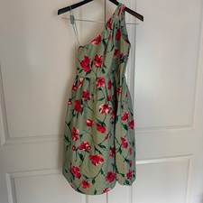 Express One Shoulder Floral Cocktail Dress Sage Green Red Size 4 100% silk