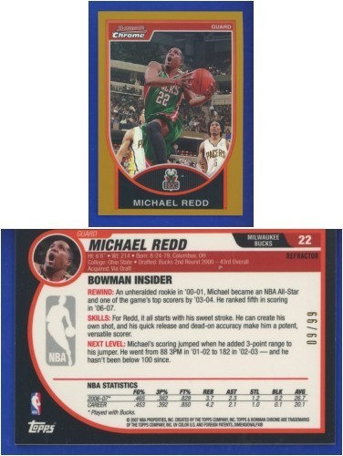 Michael Redd 2007-08 Bowman Chrome #22 GOLD REFRACTOR #'d 09/99